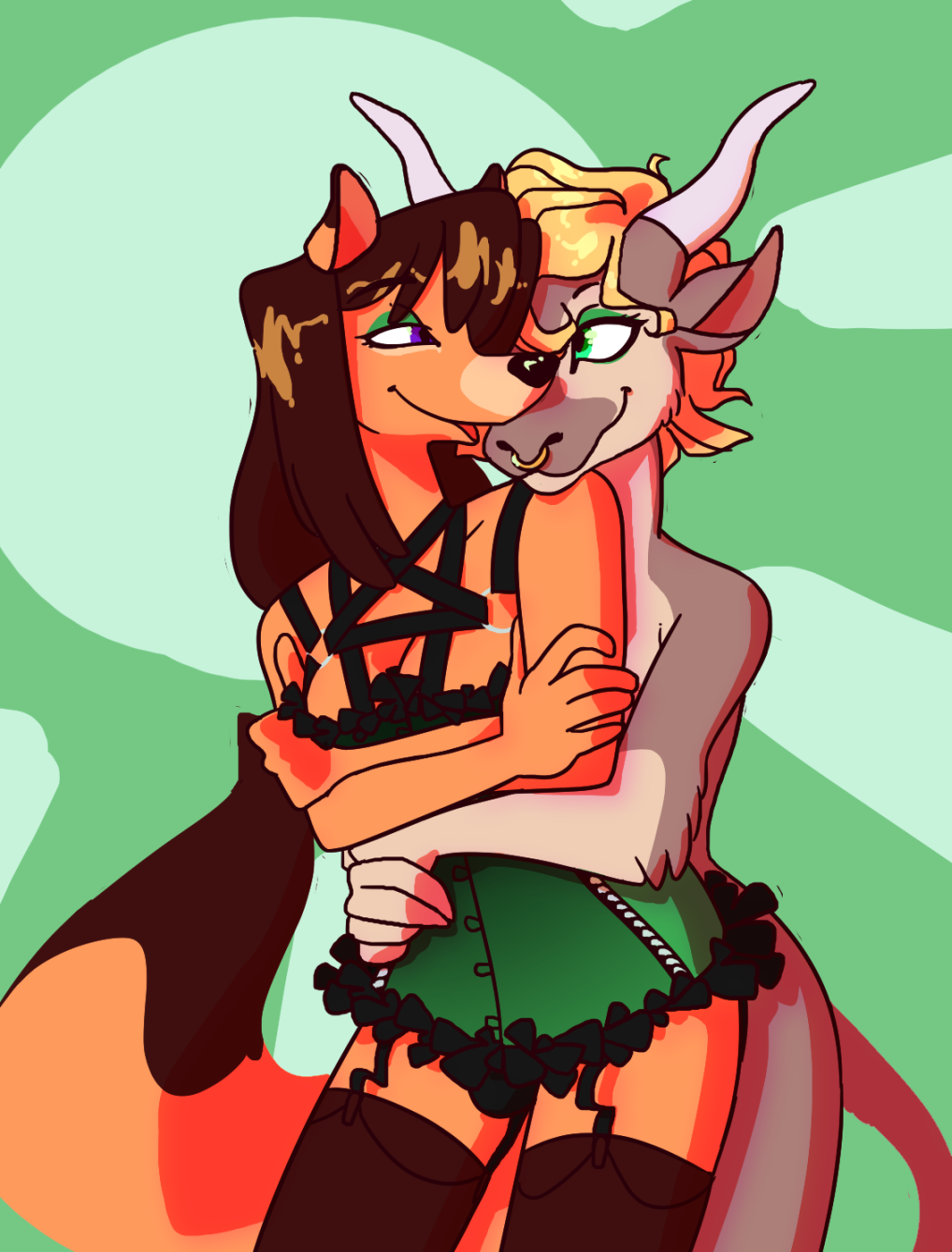 anthro bovine canine cattle clothing crossgender duo eyelashes facial_piercing fox horn intersex lingerie mammal nose_piercing nose_ring passionatefloorromance piercing simple_background smile sophie_(pigburger) thighhigh_socks