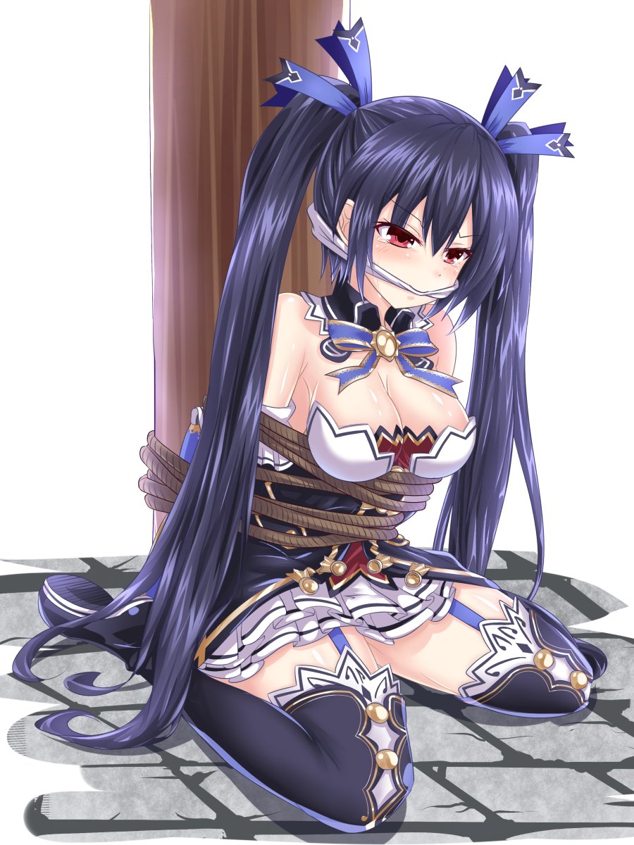 bare_shoulders black_hair blush boots bound breasts cleavage commentary_request dress frilled_dress frills full_body gag garter_straps gold_trim hair_ribbon highres kazuneko_(wktk1024) long_hair medium_breasts neptune_(series) noire red_eyes ribbon rope shoe_soles sitting solo tearing_up thigh_boots thighhighs tied_up twintails very_long_hair white_legwear