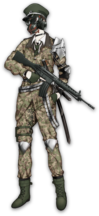 89_(senjuushi) armor assault_rifle belt boots brown_hair camouflage choker fingerless_gloves full_body gas_mask gloves green_gloves gun hat holding holding_gun holding_weapon howa_type_89 knee_pads male_focus military military_uniform necktie official_art peaked_cap rifle senjuushi:_the_thousand_noble_musketeers shizu_(9394marimo) short_hair shoulder_armor soldier solo tachi-e transparent_background trigger_discipline uniform weapon woodland_pattern