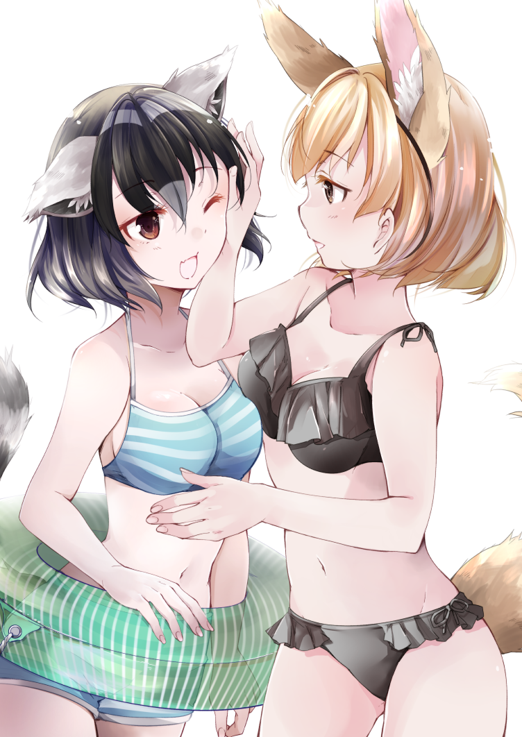 ;d animal_ears arm_at_side asymmetrical_docking bare_arms bare_shoulders bikini bikini_shorts black_bikini black_hair black_swimsuit blonde_hair breast_press breasts brown_eyes commentary common_raccoon_(kemono_friends) extra_ears eyebrows_visible_through_hair eyes_visible_through_hair face-to-face fang fennec_(kemono_friends) fingernails fox_ears fox_tail frilled_bikini frills grey_hair hair_between_eyes halter_top halterneck hand_on_another's_cheek hand_on_another's_face hands_up innertube kemono_friends looking_at_another medium_breasts multicolored_hair multiple_girls nanana_(nanana_iz) navel one_eye_closed open_mouth raccoon_ears raccoon_tail short_hair shorts simple_background smile standing stomach striped striped_bikini striped_swimsuit striped_tail swimsuit tail upper_body white_background