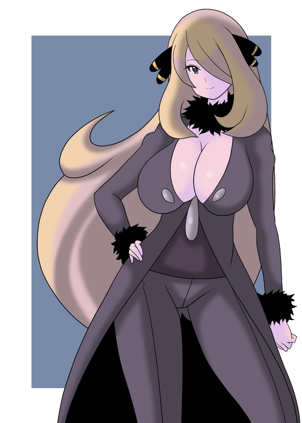 blonde_hair blue_background breasts brown_eyes cleavage coat fur_trim hair_ornament hair_over_one_eye hand_on_hip hands highres hips koutarosu large_breasts long_hair looking_at_viewer pokemon pokemon_(game) pokemon_dppt shirona_(pokemon) smile solo thighs