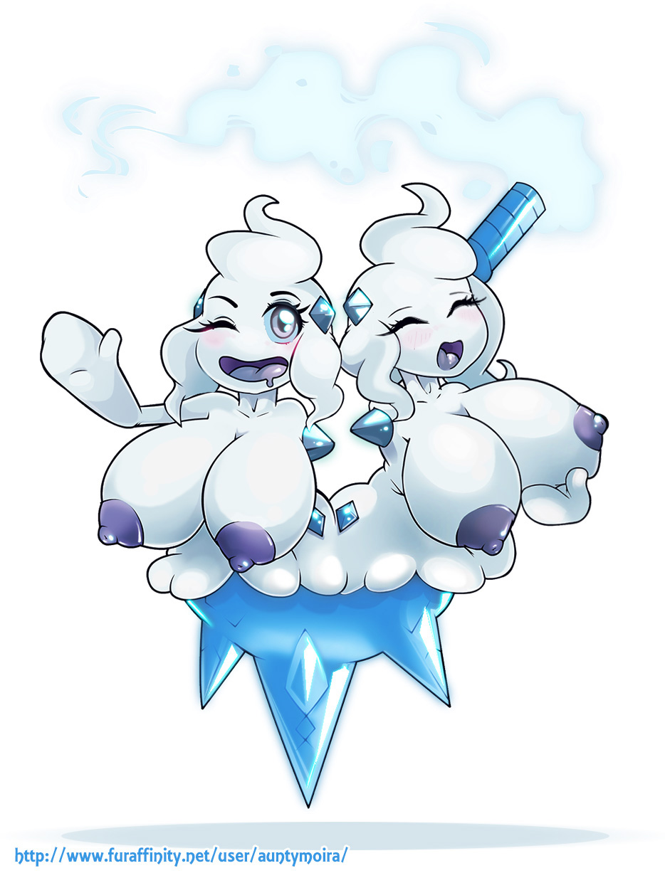 alternate_species areola auntymoria big_breasts breasts dessert duo eyes_closed female female/female food huge_breasts humanoid humanoidized ice ice_cream icicle nintendo nipples not_furry nude open_mouth pok&eacute;mon pok&eacute;mon_(species) pok&eacute;morph purple_nipples simple_background smile snow vanilluxe video_games white_body