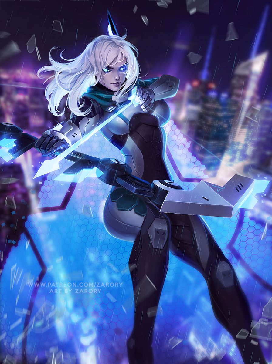 arrow artist_name ashe_(league_of_legends) blue_eyes blurry blurry_background bodysuit boobplate bow_(weapon) breastplate breasts broken_glass building cape city city_lights cityscape commentary depth_of_field drawing_bow english_commentary floating_hair glass heterochromia hexagon highres large_breasts league_of_legends night night_sky outdoors parted_lips patreon_username project:_ashe rain sky skyscraper smile solo weapon white_hair zarory