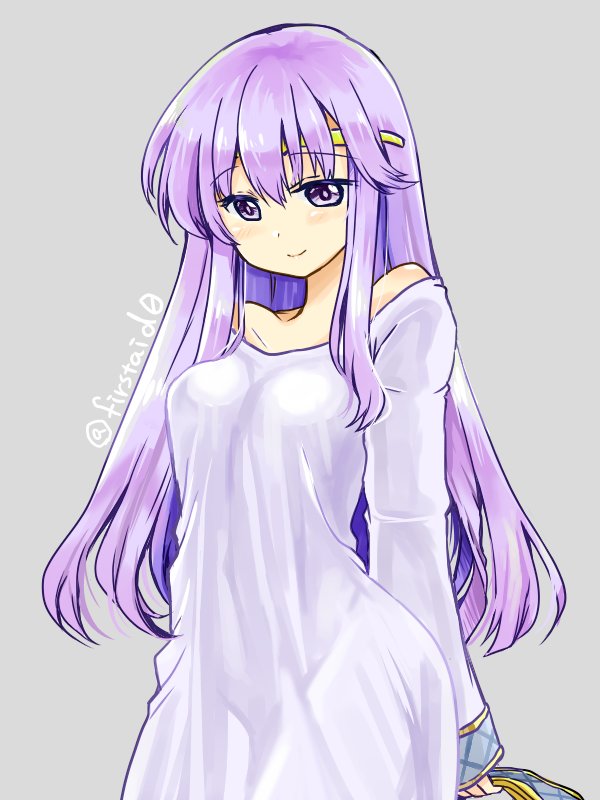 circlet closed_mouth commentary dress fire_emblem fire_emblem:_seisen_no_keifu grey_background lavender_hair long_hair long_sleeves purple_eyes simple_background smile solo twitter_username white_dress yukia_(firstaid0) yuria_(fire_emblem)