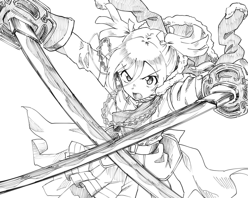 aiguillette belt daiba_nana dual_wielding fur_trim greyscale hair_between_eyes holding holding_sword holding_weapon jacket_on_shoulders lourie monochrome open_mouth pleated_skirt sash shoujo_kageki_revue_starlight skirt solo sword twintails v-shaped_eyebrows waist_cape weapon