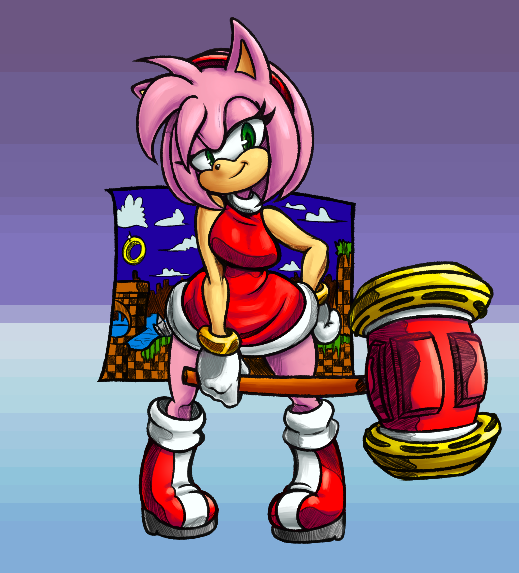 amy_rose boots bracelet breasts choker clothed clothing colored detailed_background dress eyelashes female footwear fur gloves green_eyes hairband half-closed_eyes hammer hand_on_hip hedgehog jewelry looking_at_viewer mammal piko_piko_hammer pink_fur pose sassy smile solo sonic_(series) sr tools twindrills video_games