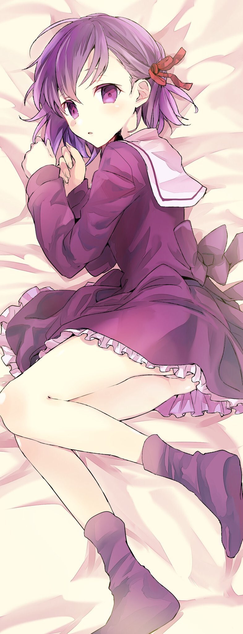 ass bangs bed_sheet blush bow commentary_request eyebrows_visible_through_hair fate/zero fate_(series) frilled_skirt frills hair_between_eyes hair_ribbon highres looking_at_viewer looking_to_the_side lying matou_sakura no_shoes on_side panties purple_bow purple_eyes purple_hair purple_legwear purple_shirt purple_skirt red_ribbon ribbon sailor_collar school_uniform serafuku shirt skirt socks soles solo tomozero underwear white_panties white_sailor_collar