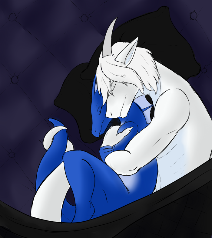 anthro bed bedding blanket blue_scales cuddling dragon fin frostedscales hair kobold nude pillow scales sleeping spooning tanith_starfae white_hair white_scales