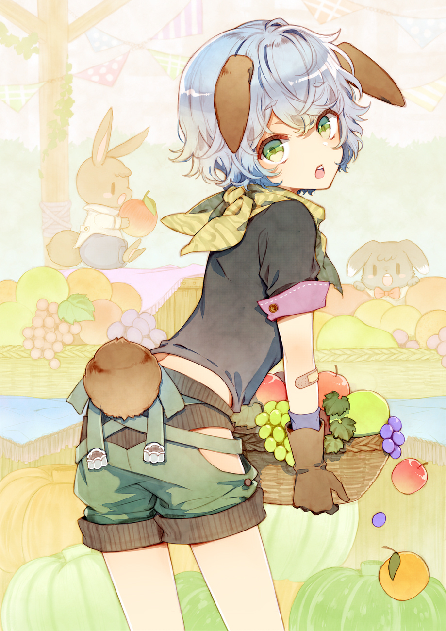 animal animal_ears apple bandaid bandana bangs basket bunny bunny_ears bunny_tail clothed_animal colorful commentary crossed_bangs curly_hair ears_down food fruit gloves grapes green_eyes green_shorts highres hip_vent kuroyuki leaning_forward looking_at_viewer looking_back open_mouth orange original picking_up pumpkin purple_hair red_apple sepia_background short_hair shorts solo_focus string_of_flags table tail