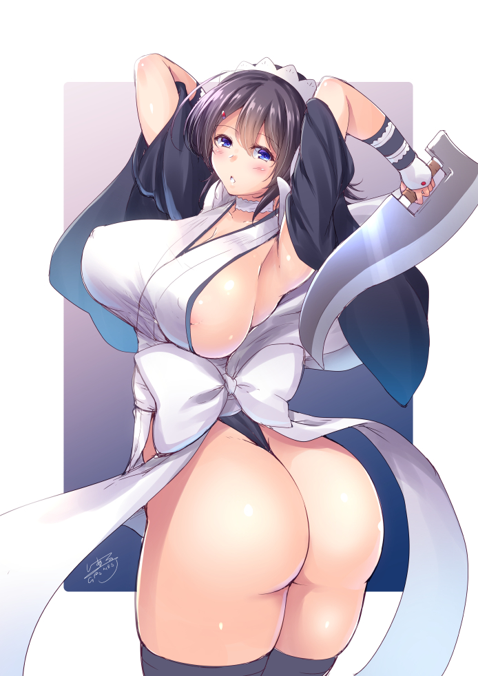 areola_slip areolae armpits arms_up ass back_bow black_hair blue_eyes blush bow breasts c.r. choker cleavage covered_nipples cowboy_shot curvy detached_sleeves hairband holding holding_weapon huge_breasts iroha_(samurai_spirits) looking_at_viewer maid_headdress plump samurai_spirits shiny shiny_skin short_hair sideboob signature solo standing weapon white_bow white_hairband white_neckwear