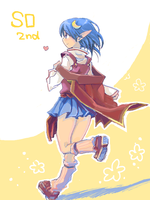 ahoge aqua_eyes ayasetaru blue_eyes blue_hair blue_skirt cape closed_mouth commentary_request crescent crescent_hair_ornament hair_ornament loafers loose_socks medium_hair miniskirt pleated_skirt pointy_ears red_cape rena_lanford shoes skirt solo star_ocean star_ocean_the_second_story