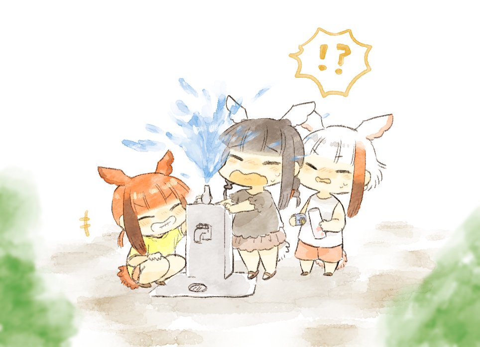 +++ 3girls alternate_costume bangs bird_tail bird_wings black-headed_ibis_(kemono_friends) black_hair blush braid casual commentary_request drinking_fountain eyebrows_visible_through_hair grin head_wings japanese_crested_ibis_(kemono_friends) kemono_friends moeki_(moeki0329) multicolored_hair multiple_girls nose_blush puffy_sleeves red_hair sandals scarlet_ibis_(kemono_friends) shirt short_hair short_sleeves sidelocks smile spoken_interrobang t-shirt tank_top twin_braids twintails water white_hair wings younger