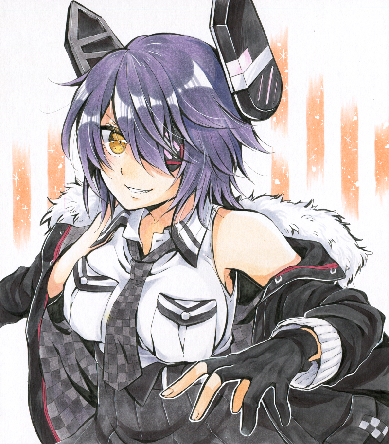 bare_shoulders black_gloves breasts checkered collared_shirt eyepatch fingerless_gloves fur_trim gloves grin hair_over_one_eye headpiece hood hoodie kantai_collection looking_at_viewer medium_breasts necktie off_shoulder parune_chigetsu purple_hair remodel_(kantai_collection) shirt short_hair skirt smile solo tenryuu_(kantai_collection) upper_body yellow_eyes