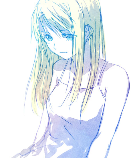 arms_at_sides bare_arms bare_shoulders blonde_hair blue blue_eyes earrings expressionless eyebrows_visible_through_hair fullmetal_alchemist jewelry long_hair looking_down partially_colored riru shirt simple_background sleeveless sleeveless_shirt solo upper_body white white_background white_shirt winry_rockbell