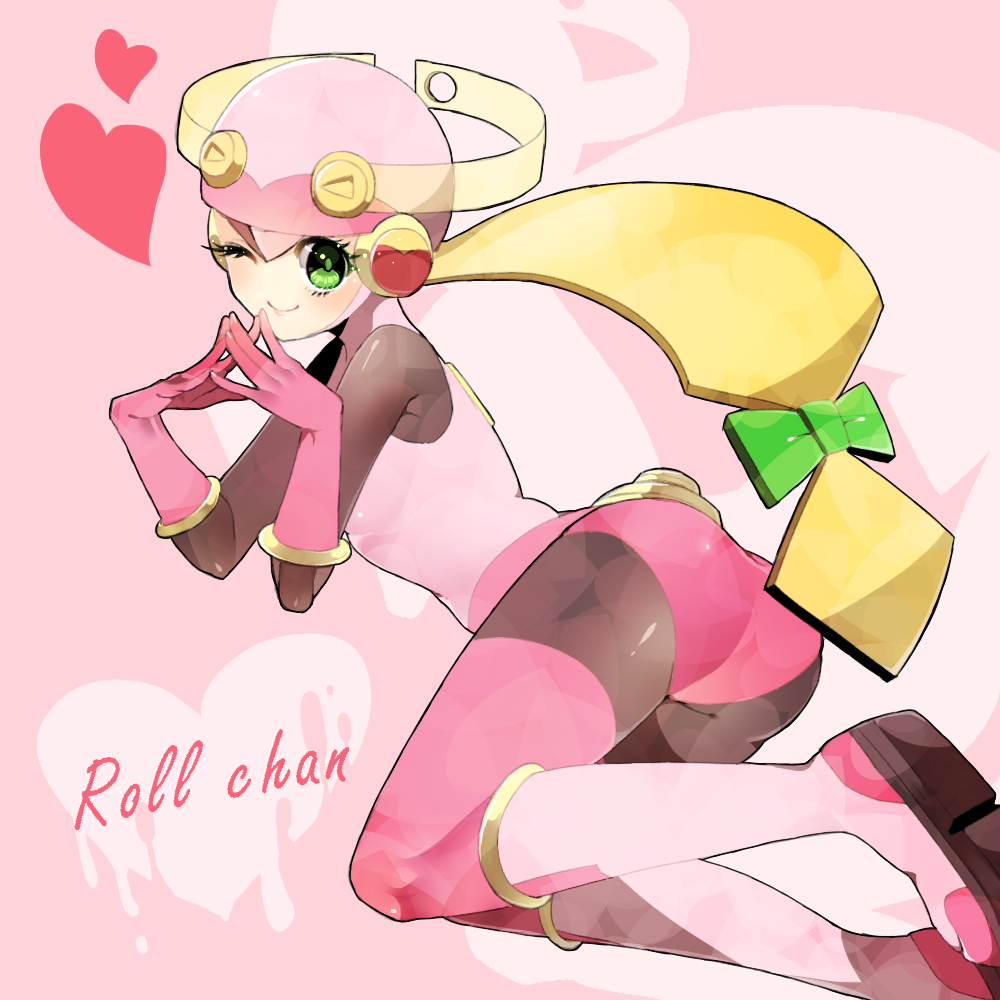 ass blonde_hair blush bodysuit boots character_name fingers_together gloves green_eyes helmet long_hair looking_at_viewer low-tied_long_hair netnavi one_eye_closed pink pink_background pink_bodysuit pink_footwear pink_helmet pink_legwear rockman rockman_exe roll_exe smile solo thighhighs uru-arrow