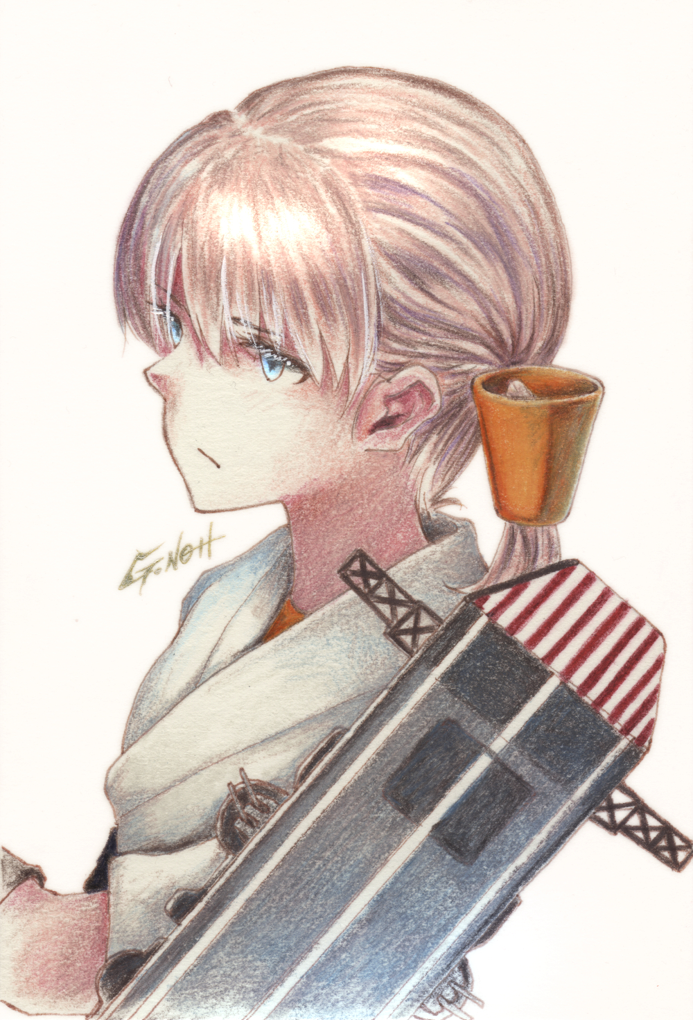 artist_name bangs blonde_hair blue_eyes blunt_bangs commentary_request dougi flight_deck german_commentary hair_ornament highres kantai_collection long_hair millipen_(medium) profile shin'you_(kantai_collection) simple_background solo tesun_(g_noh) traditional_media upper_body watercolor_pencil_(medium) white_background