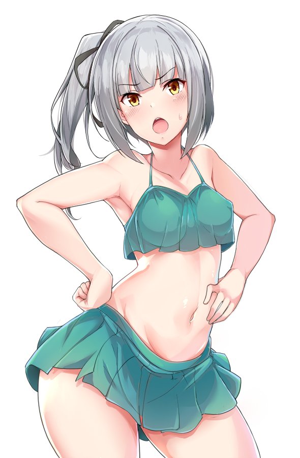armpits bangs bikini bikini_skirt black_ribbon blush breasts chestnut_mouth collarbone commentary_request contrapposto cowboy_shot eyebrows_visible_through_hair frilled_bikini frills green_bikini hair_between_eyes hand_on_hip hands_on_hips kantai_collection kasumi_(kantai_collection) long_hair looking_at_viewer navel open_mouth ribbon see-through side_ponytail silver_hair simple_background small_breasts solo standing sweatdrop swimsuit thighs white_background yellow_eyes zenri_tsusen