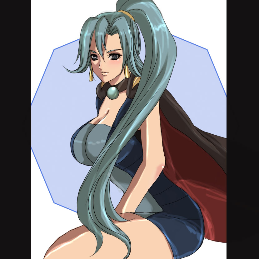1girl bare_arms black_border blue_hair blush border breasts cape choker cleavage creatures_(company) earrings game_freak grey_eyes gym_leader hair_between_eyes high_ponytail ibuki_(pokemon) jewelry large_breasts light_smile lips long_hair nintendo pearl pokemon pokemon_(game) pokemon_hgss ponytail sitting solo