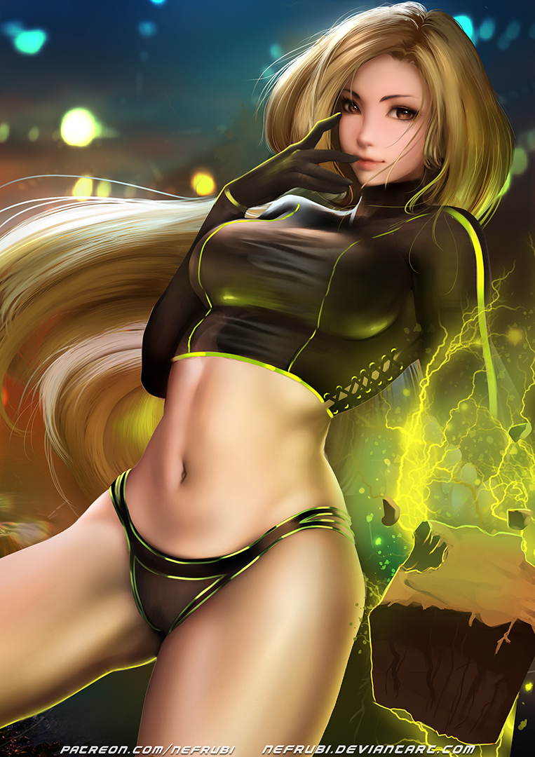black_gloves black_panties blonde_hair blurry blurry_background breasts brown_eyes commentary dc_comics dutch_angle electricity gloves hand_to_own_mouth large_breasts lips long_hair looking_at_viewer midriff navel nefrubi night panties patreon_username shirt smile terra_(dc) tight_shirt underwear watermark web_address