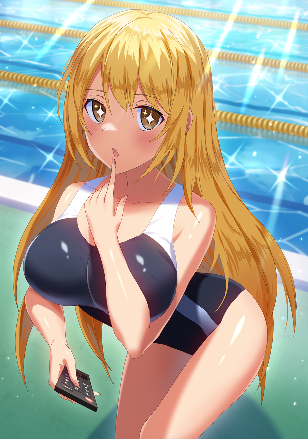 1girl bangs bare_arms bare_shoulders black_swimsuit blonde_hair blush breasts brown_eyes collarbone commentary_request competition_swimsuit controller eyebrows_visible_through_hair fingernails hair_between_eyes highres holding index_finger_raised lane_line large_breasts leaning_forward long_hair looking_at_viewer mikomiko_(mikomikosu) one-piece_swimsuit parted_lips pool poolside remote_control shokuhou_misaki solo swimsuit to_aru_kagaku_no_railgun to_aru_majutsu_no_index very_long_hair water