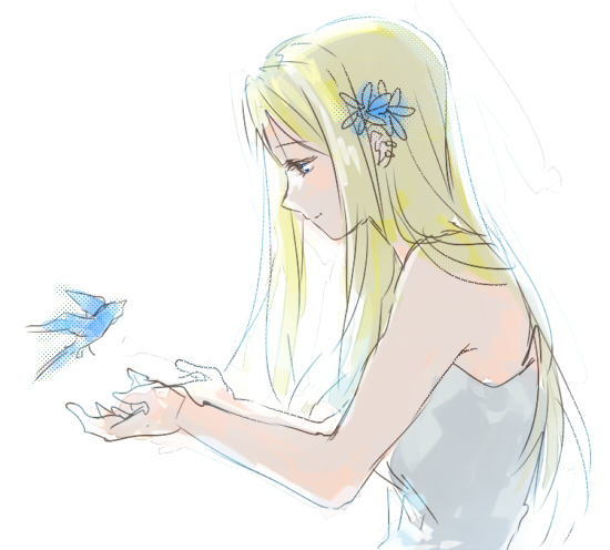 animal bare_arms bare_shoulders bird blonde_hair blue_eyes blue_flower eyebrows_visible_through_hair flower flying fullmetal_alchemist hair_flower hair_ornament half-closed_eyes happy long_hair looking_down outstretched_hand profile riru shirt simple_background smile solo upper_body white_background white_shirt winry_rockbell