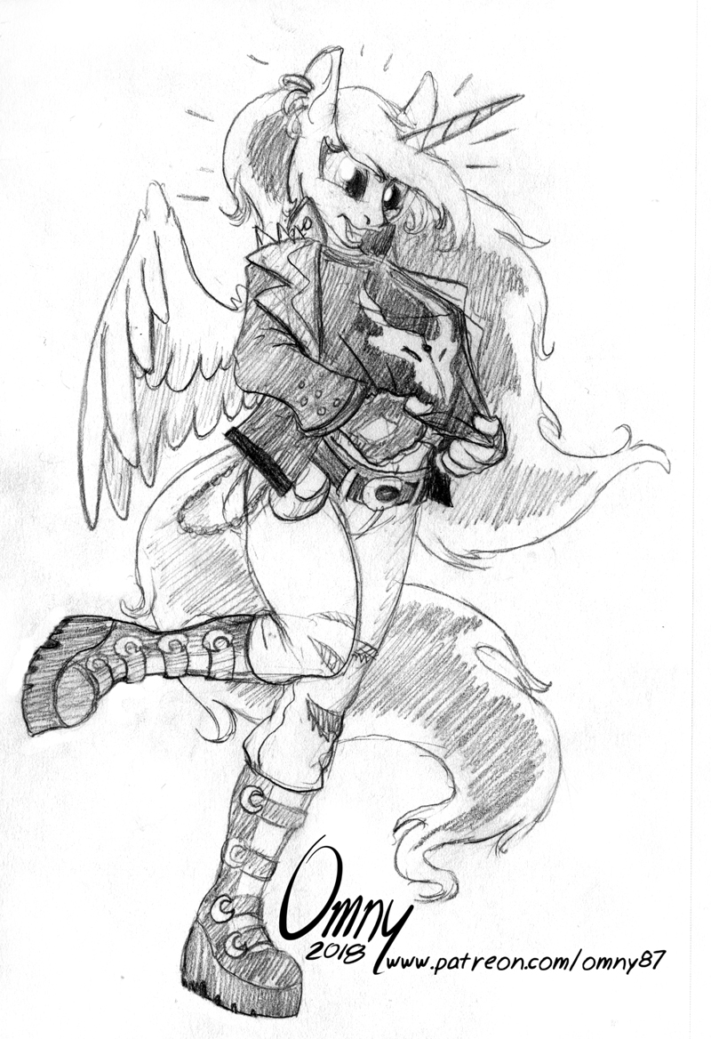 2018 anthro anthrofied boots clothing equine female fingerless_gloves footwear friendship_is_magic gloves horn jacket leather leather_jacket mammal monochrome my_little_pony omny87 piercing princess_luna_(mlp) punk sketch solo winged_unicorn wings