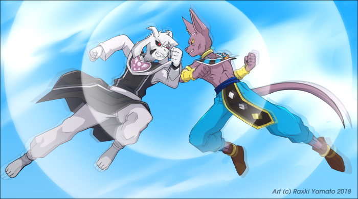 anime asriel_dreemurr asriel_dreemurr_(god_form) beerus boss_monster caprine cat clothing collar costume crossover deity delta_rune dragon_ball dragon_ball_super dragon_ball_z dragonball_super feline fight fighters footwear goat horn mammal raxkiyamato shoes sketch sphynx undertale video_games