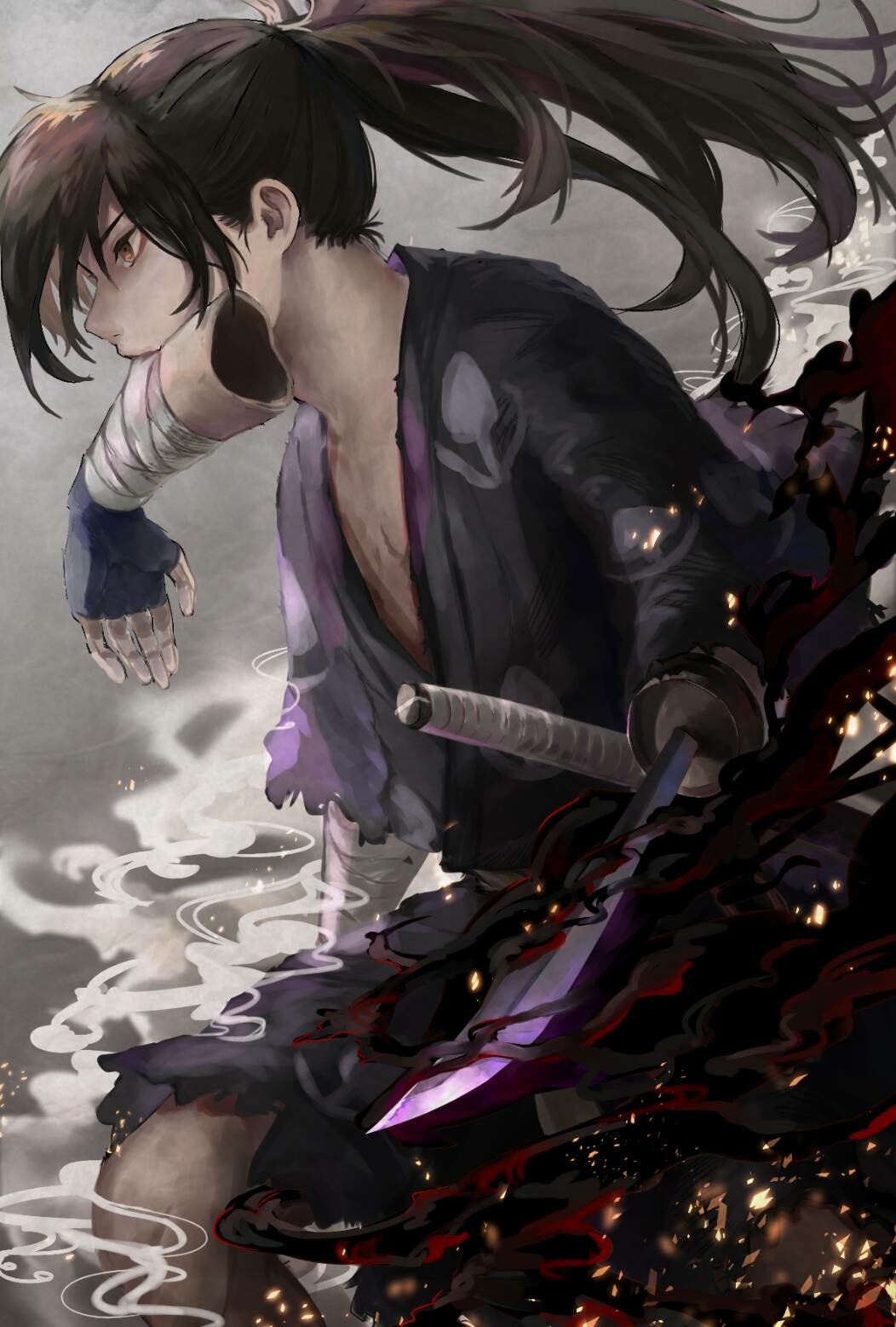 1boy amputee black_hair blue_gloves brown_eyes dororo_(tezuka) gloves grey_background highres hyakkimaru_(dororo) japanese_clothes long_hair looking_away male_focus mouth_hold ponytail prosthesis prosthetic_arm prosthetic_weapon sa_nomaru solo