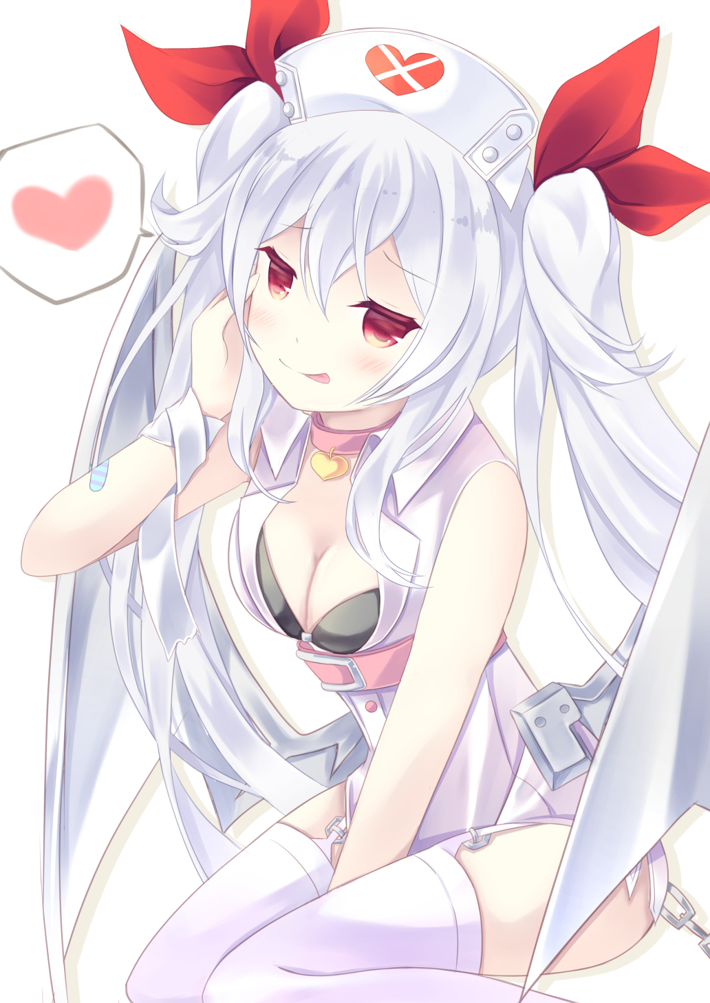 azur_lane bandaid_on_arm bangs bare_arms bare_shoulders black_bikini_top blush breasts chain cleavage closed_mouth commentary_request dress eyebrows_visible_through_hair garter_straps gyorui_(yakiudonnn) hair_between_eyes hair_ribbon hand_up hat head_tilt heart highres medium_breasts metal_wings nurse_cap partial_commentary red_eyes red_ribbon ribbon sidelocks silver_hair simple_background sleeveless sleeveless_dress smile solo spoken_heart thighhighs tongue twintails vampire_(azur_lane) white_background white_dress white_hat white_legwear white_wings wings