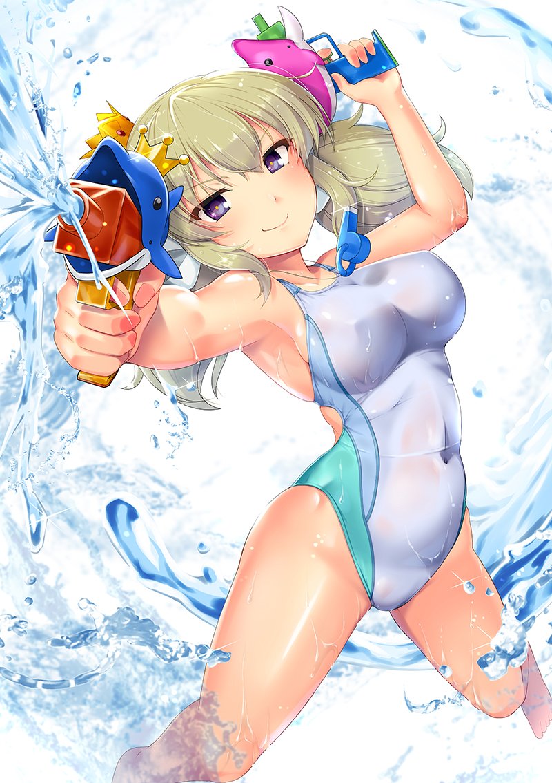 &gt;:) 8000 blonde_hair competition_swimsuit dolphin dual_wielding feet_out_of_frame holding kafuru_(senran_kagura) looking_at_viewer low_twintails one-piece_swimsuit purple_eyes senran_kagura senran_kagura_estival_versus smile solo swimsuit twintails v-shaped_eyebrows water water_gun white_background white_swimsuit
