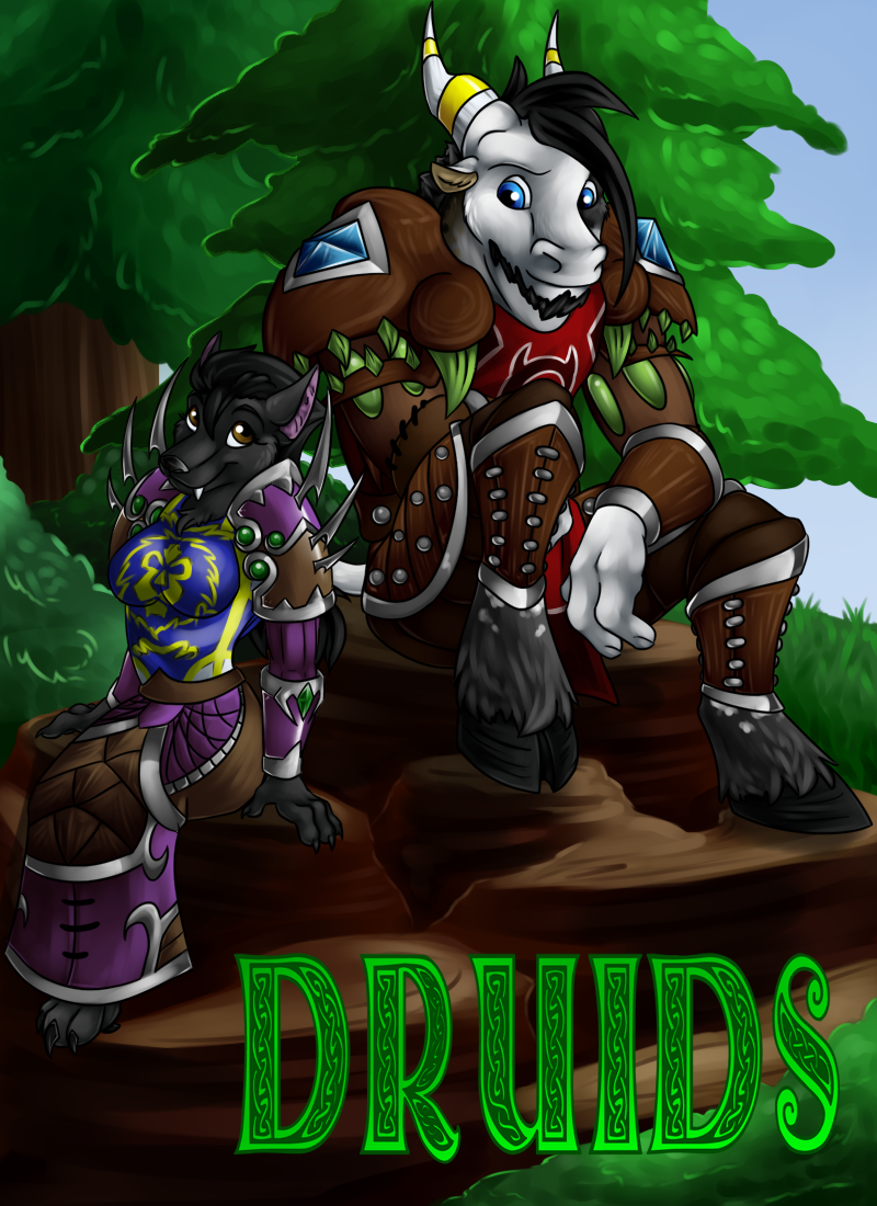 2012 alliance amocin anthro armor blizzard_entertainment bovine breasts canine claws clothed clothing digital_media_(artwork) druid duo eye_contact fangs female forest fur hair hooves horde kinar_(amocin) magic_user male mammal paws rock serid_(amocin) smile tauren tree tribal_spellcaster video_games warcraft were werewolf wolf worgen