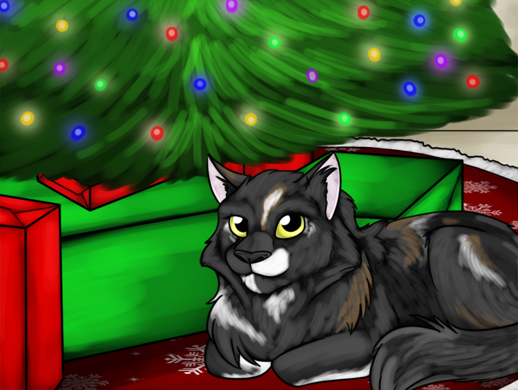 2011 amocin cat christmas christmas_tree digital_media_(artwork) feline feral gift holidays lights looking_at_viewer mammal smile solo tree