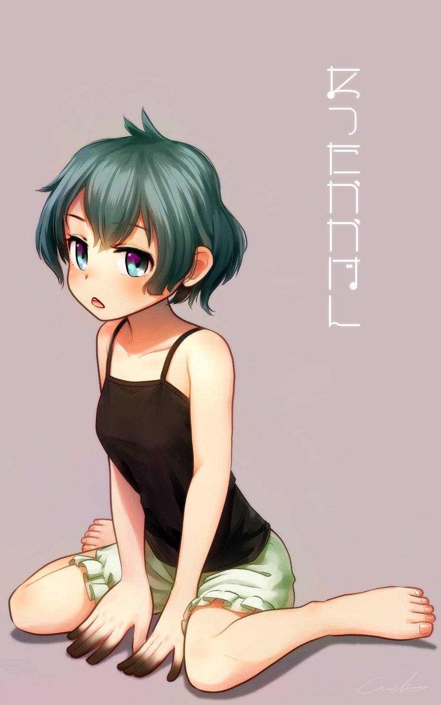 alternate_costume bare_arms bare_shoulders barefoot between_legs black_hair bloomers blue_eyes collarbone commentary eyebrows_visible_through_hair hand_between_legs highres kaban_(kemono_friends) kemono_friends no_hat no_headwear open_mouth short_hair simple_background sitting sleeveless solo translation_request triangle_mouth undershirt underwear wariza welt_(kinsei_koutenkyoku)