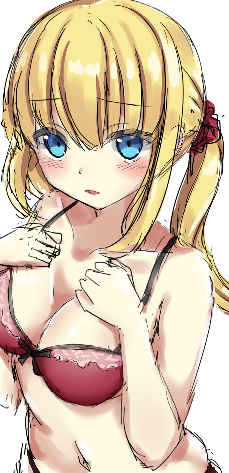 bangs bare_arms bare_shoulders blonde_hair blue_eyes blush bow bow_bra bra breasts cleavage collarbone commentary_request eyebrows_visible_through_hair hair_between_eyes hair_ornament hair_scrunchie highres long_hair looking_at_viewer medium_breasts navel original panties parted_lips red_bra red_panties red_scrunchie scrunchie simple_background sketch solo takapii twintails underwear underwear_only white_background