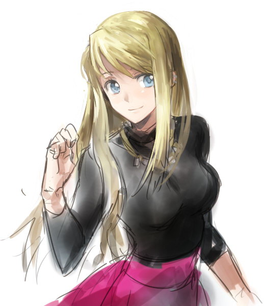 arm_at_side black_shirt blonde_hair blue_eyes breasts cowboy_shot eyebrows_visible_through_hair fullmetal_alchemist hand_up happy long_hair long_sleeves looking_away pink_skirt riru shirt simple_background skirt smile solo upper_body white_background winry_rockbell