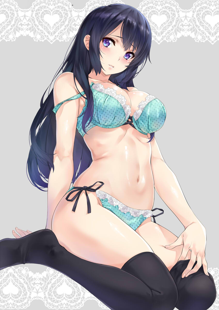 aqua_bra aqua_panties arm_behind_back arm_support bare_arms bare_shoulders black_legwear blue_eyes blue_hair blush bra breasts commentary eyebrows_visible_through_hair from_below full_body grey_background hair_between_eyes hand_on_own_leg hibike!_euphonium highres kousaka_reina lace lace-trimmed_bra lace-trimmed_panties large_breasts long_hair looking_at_viewer nagayori navel no_shoes panties parted_lips shiny shiny_skin side-tie_panties sitting solo stomach strap_slip thighhighs thighs underwear underwear_only