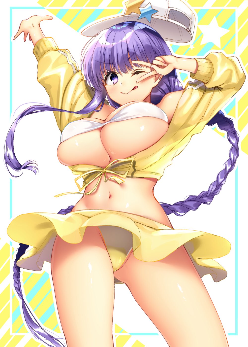 &gt;:p :p arms_up baseball_cap bb_(fate)_(all) bb_(swimsuit_mooncancer)_(fate) blush braid breasts fate/grand_order fate_(series) hat highres jacket jiiwara large_breasts long_hair looking_at_viewer navel one_eye_closed single_braid skirt smile solo tongue tongue_out v white_bikini_top white_hat yellow_jacket yellow_skirt