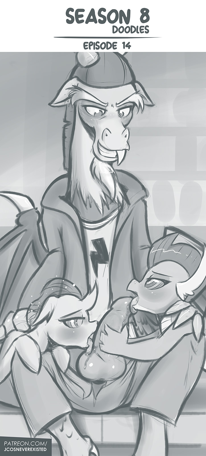 2018 changeling clothing cub discord_(mlp) draconequus dragon erection fangs female feral friendship_is_magic hypnosis jcosneverexisted licking male male/female mind_control monochrome my_little_pony ocellus_(mlp) oral penis smolder_(mlp) tongue tongue_out young