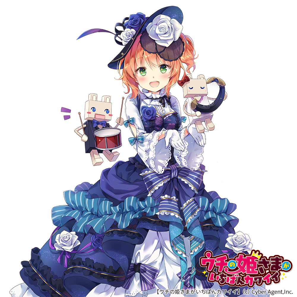 &gt;_&lt; :d bangs black_hat blue_bow blue_dress blue_eyes blue_flower blue_rose blush bow breasts brown_hair closed_eyes cowboy_shot dress drum drumsticks eyebrows_visible_through_hair floral_print flower gloves green_eyes hair_between_eyes hands_up harp hat hat_flower head_tilt holding instrument long_sleeves nyanya official_art one_side_up open_mouth print_dress purple_bow rose rose_print round_teeth see-through shirt simple_background small_breasts smile solo strapless strapless_dress striped striped_bow teeth uchi_no_hime-sama_ga_ichiban_kawaii upper_teeth watermark white_background white_flower white_gloves white_rose white_shirt wide_sleeves xd