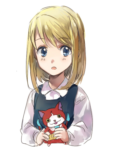 :o blonde_hair blue_eyes character_doll crossover expressionless eyebrows_visible_through_hair fullmetal_alchemist holding jibanyan long_sleeves looking_away open_mouth riru shirt short_hair simple_background solo upper_body white_background white_shirt winry_rockbell youkai youkai_watch younger