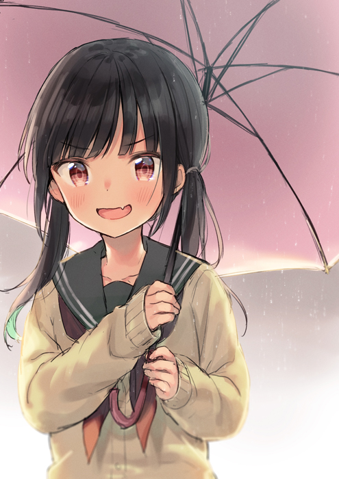:d bangs black_hair black_sailor_collar blush brown_cardigan cardigan check_commentary commentary commentary_request eyebrows_visible_through_hair fang holding holding_umbrella long_hair long_sleeves looking_at_viewer low_twintails midorikawa_you neckerchief open_mouth original pink_umbrella rain red_eyes red_neckwear sailor_collar sleeves_past_wrists smile smug solo twintails umbrella v-shaped_eyebrows