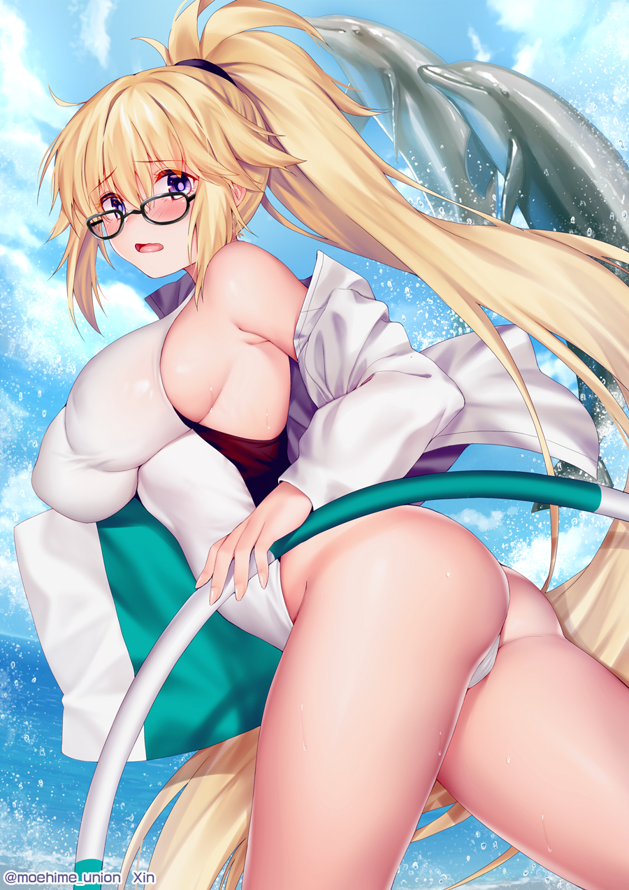 ass bare_shoulders blonde_hair blue_eyes blush breasts competition_swimsuit dolphin eyebrows_visible_through_hair fate/grand_order fate_(series) glasses highres hoop hula_hoop jeanne_d'arc_(fate)_(all) jeanne_d'arc_(swimsuit_archer) large_breasts long_hair looking_at_viewer obiwan one-piece_swimsuit open_clothes open_mouth open_shirt ponytail shirt solo swimsuit very_long_hair white_shirt white_swimsuit