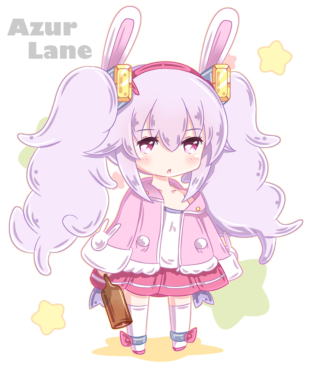 animal_ears azur_lane bangs blush bottle bunny_ears camisole chibi commentary_request copyright_name eyebrows_visible_through_hair full_body hair_between_eyes hair_ornament hairband holding holding_bottle hotaruru jacket laffey_(azur_lane) long_hair long_sleeves looking_at_viewer parted_lips pink_jacket pleated_skirt purple_eyes purple_hair red_hairband red_skirt skirt sleeves_past_wrists solo standing star starry_background strap_slip thighhighs transparent twintails very_long_hair white_background white_camisole white_legwear wide_sleeves