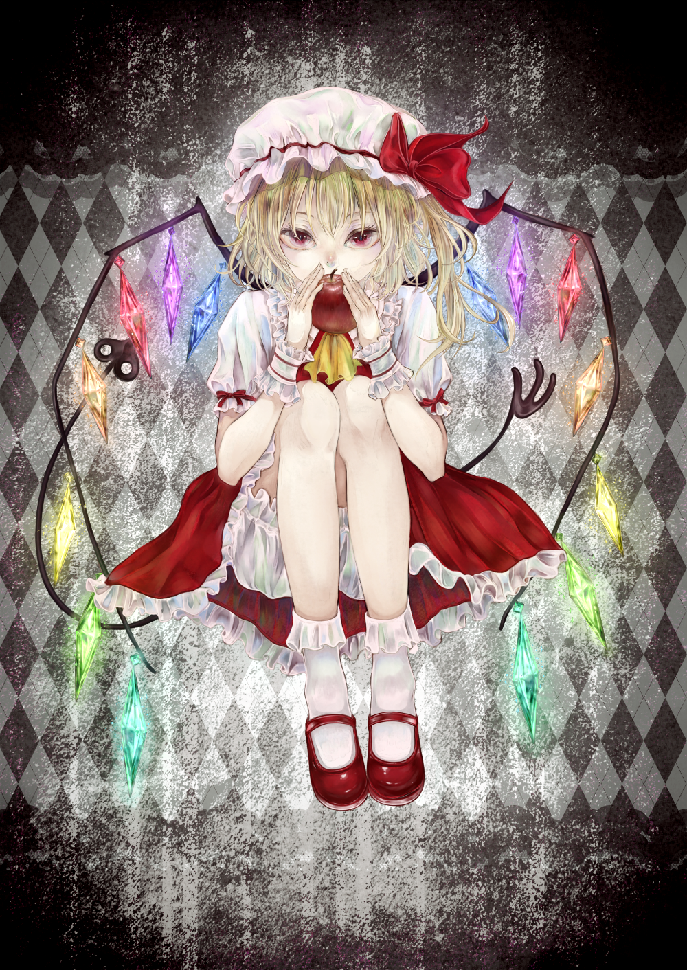 ankle_socks apple argyle argyle_background black_background blacksio blonde_hair bloomers commentary_request covering_mouth cravat crystal flandre_scarlet food frilled_shirt_collar frilled_skirt frills fruit gradient gradient_background hair_between_eyes hat hat_ribbon highres holding holding_food holding_fruit knees_to_chest laevatein legs_together looking_at_viewer mary_janes mob_cap red_eyes red_footwear red_skirt red_vest ribbon shirt shoes short_hair short_sleeves side_ponytail skirt solo touhou underwear vest white_legwear white_shirt wings wrist_cuffs yellow_neckwear