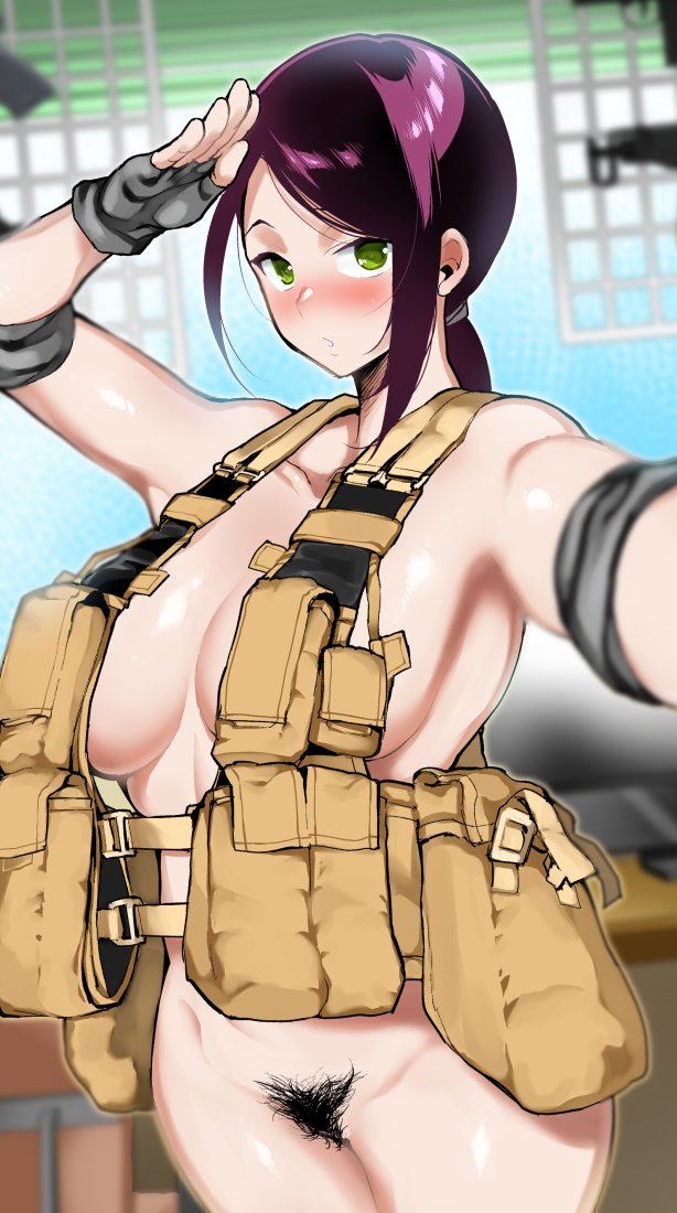 bangs bare_shoulders belt black_hair blush bottomless breasts cleavage collarbone commentary_request elbow_pads fingerless_gloves fuantei gloves green_eyes grey_gloves hips idolmaster idolmaster_cinderella_girls large_breasts long_hair looking_at_viewer naked_belt parted_lips ponytail pouch pubic_hair salute self_shot sideboob solo swept_bangs tactical_clothes yamato_aki