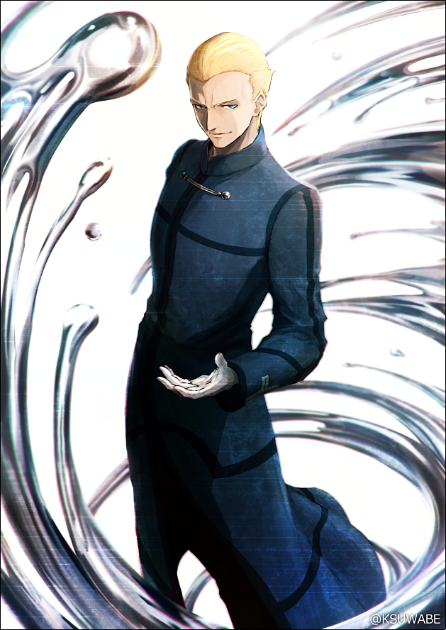 arm_behind_back bangs_pinned_back blonde_hair blue_eyes coat commentary_request fate/zero fate_(series) full_body gloves kayneth_el-melloi_archibald kei-suwabe long_coat long_sleeves looking_at_viewer male_focus mercury_symbol smile solo standing swirling white_gloves