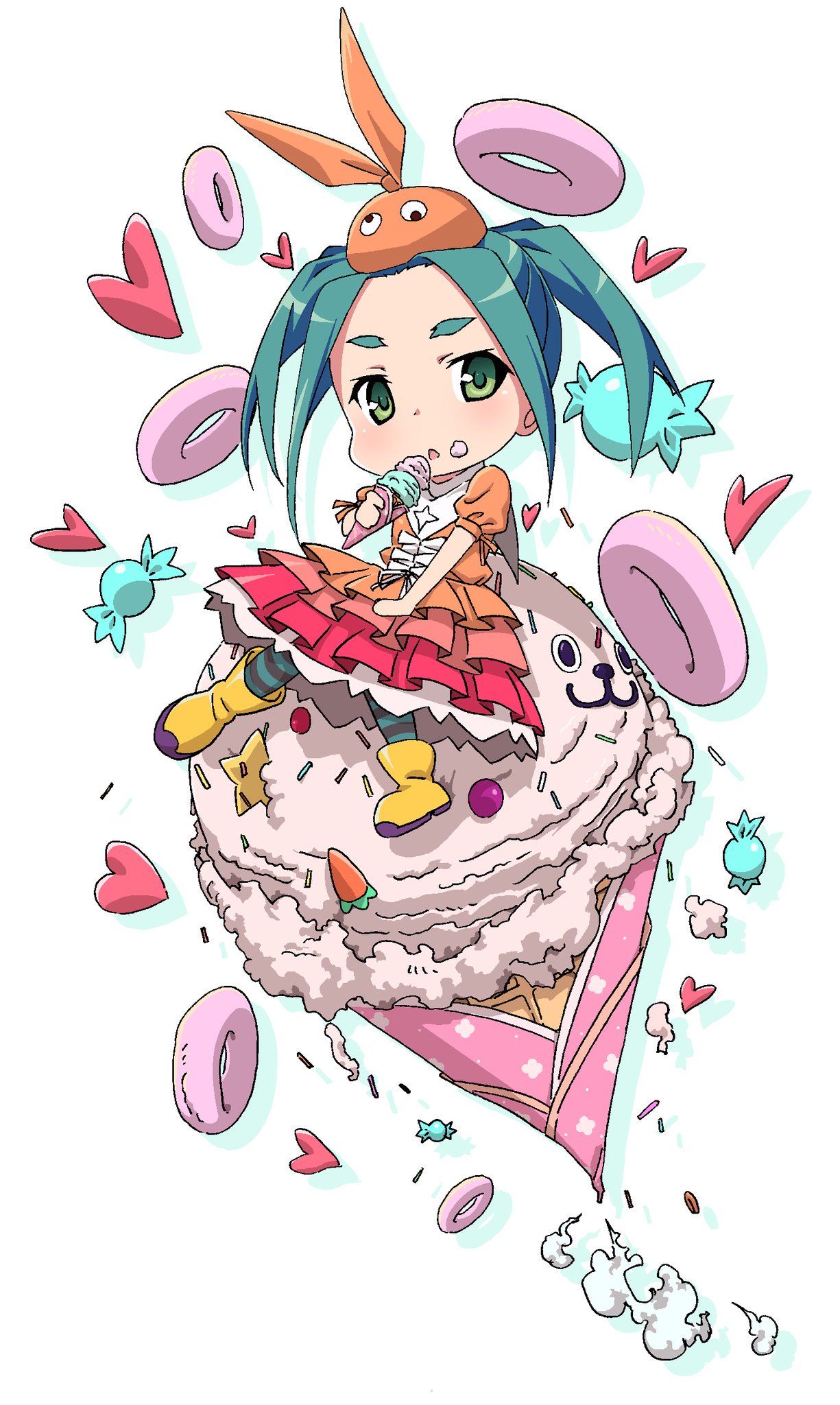 :3 blush bow candy chestnut_mouth chibi commentary_request doughnut dress eating food food_on_face green_eyes green_hair hand_on_lap hat heart highres holding holding_food ice_cream_cone in_food layered_dress looking_at_viewer monogatari_(series) nisemonogatari ononoki_yotsugi orange_bow orange_dress parted_lips pink_x puffy_short_sleeves puffy_sleeves short_sleeves sitting sitting_on_food solo twintails