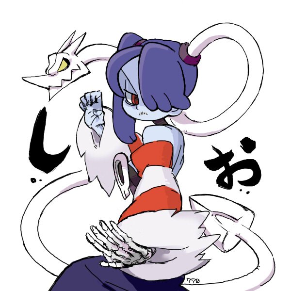 1girl bare_shoulders blue_skin breasts cleavage detached_collar detached_sleeves dress female hair_over_one_eye leviathan_(skullgirls) monster_girl red_eyes side_ponytail skullgirls squigly_(skullgirls) stitched_mouth stitches striped striped_sleeves zombie