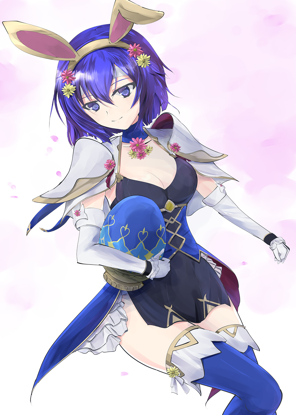 alternate_costume animal_ears blue_eyes blue_hair breasts bunny_ears cleavage closed_mouth commentary_request discharge_view dress easter_egg egg elbow_gloves fake_animal_ears fire_emblem fire_emblem:_monshou_no_nazo fire_emblem_heroes flower gloves hair_flower hair_ornament headband highres holding katua pelvic_curtain short_dress short_hair solo white_gloves white_headband
