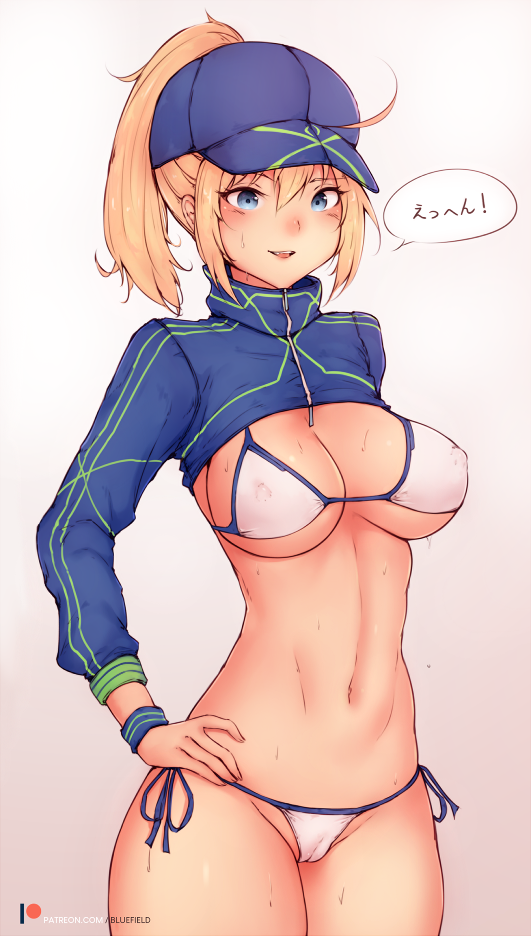ahoge artist_name artoria_pendragon_(all) baseball_cap bikini blonde_hair blue_eyes blue_hat bluefield blush breasts commentary covered_nipples cowboy_shot english_commentary eyebrows_visible_through_hair fate/grand_order fate_(series) gradient gradient_background groin hair_between_eyes hair_through_headwear hands_on_hips hat highres long_hair looking_at_viewer medium_breasts mysterious_heroine_xx_(foreigner) navel parted_lips partially_visible_vulva patreon_username pink_background ponytail shrug_(clothing) side-tie_bikini sideboob solo stomach sweat swimsuit thighs translation_request underboob white_bikini
